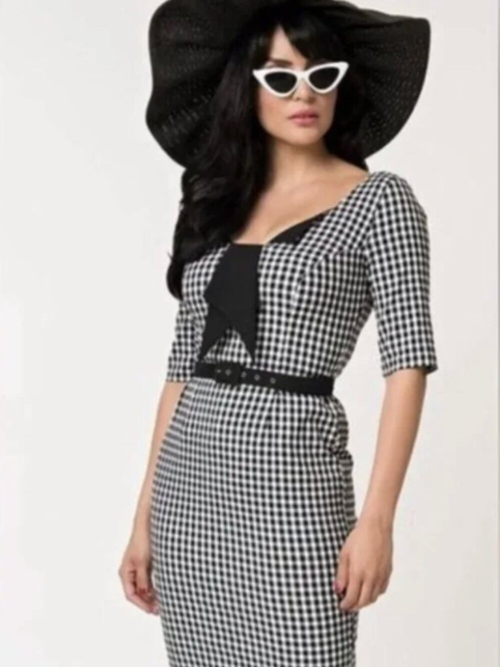 Glamour Bunny Black & White Gingham‎ Pencil Wiggle Pinup Bodycon Midi Dress XS